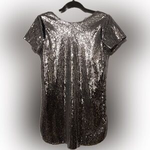Fate Metallic Sequin Short Sleeve Shift Short Dress - Silver